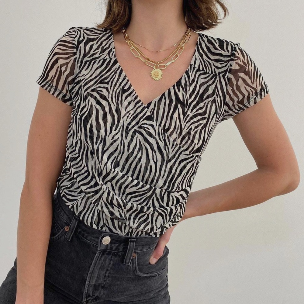 Vintage Y2K Mesh Zebra Print Top Black White